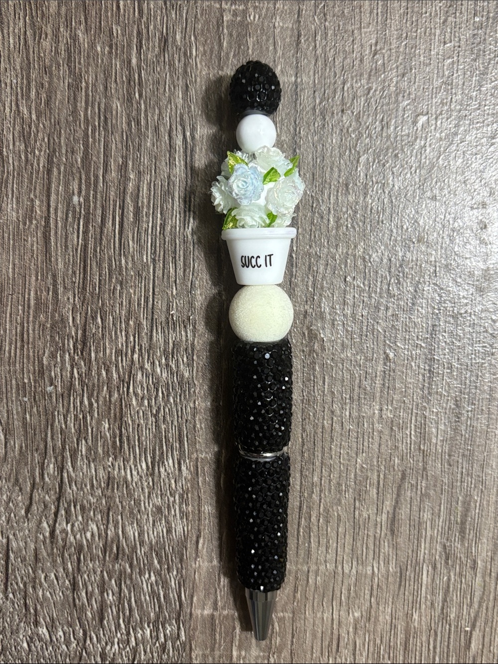 Beaded 'Succ It' Floral Charm Pen - Black & White